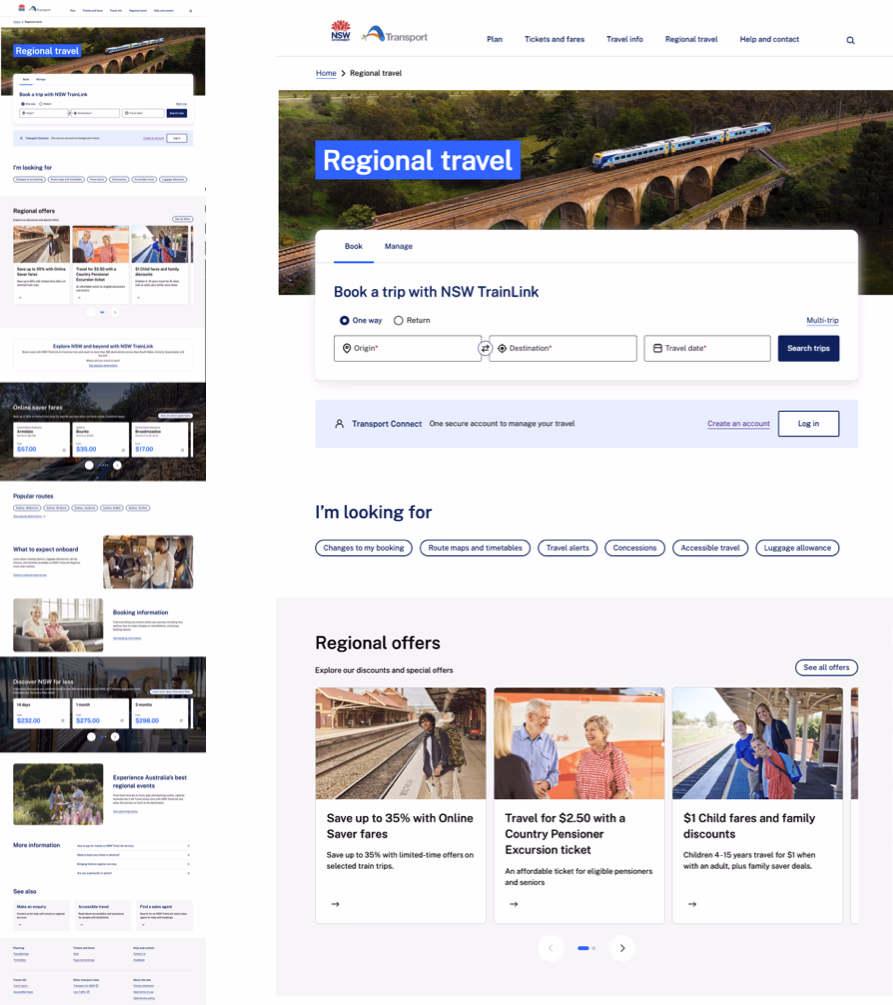The redesigned transportnsw.info regional travel homepage, showing booking entry points and regional offers.
