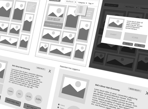 Wireframes refining the sketched concepts into structured screens.