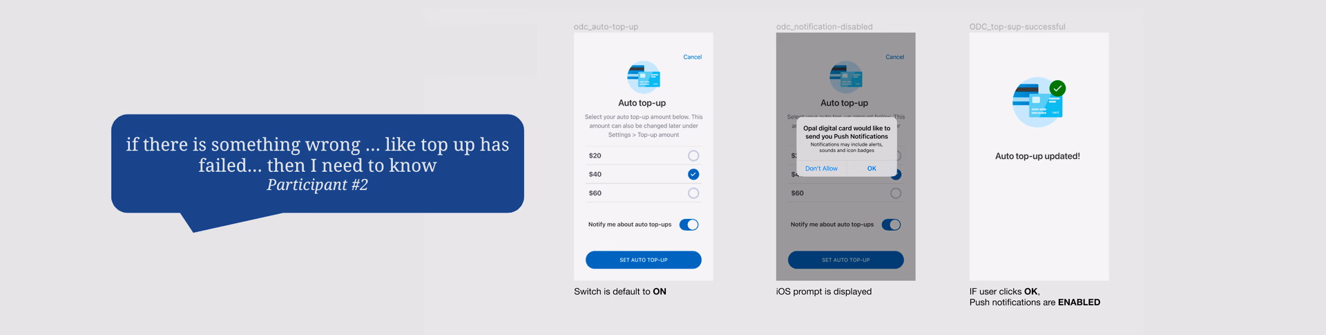 Auto top-up prompt and push notification permission screens.